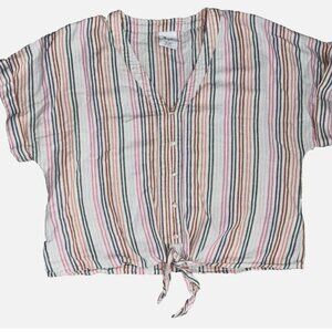 Gap Tie-Front Shirt Women’s M Linen Blend Multicolor Striped Short Sleeve